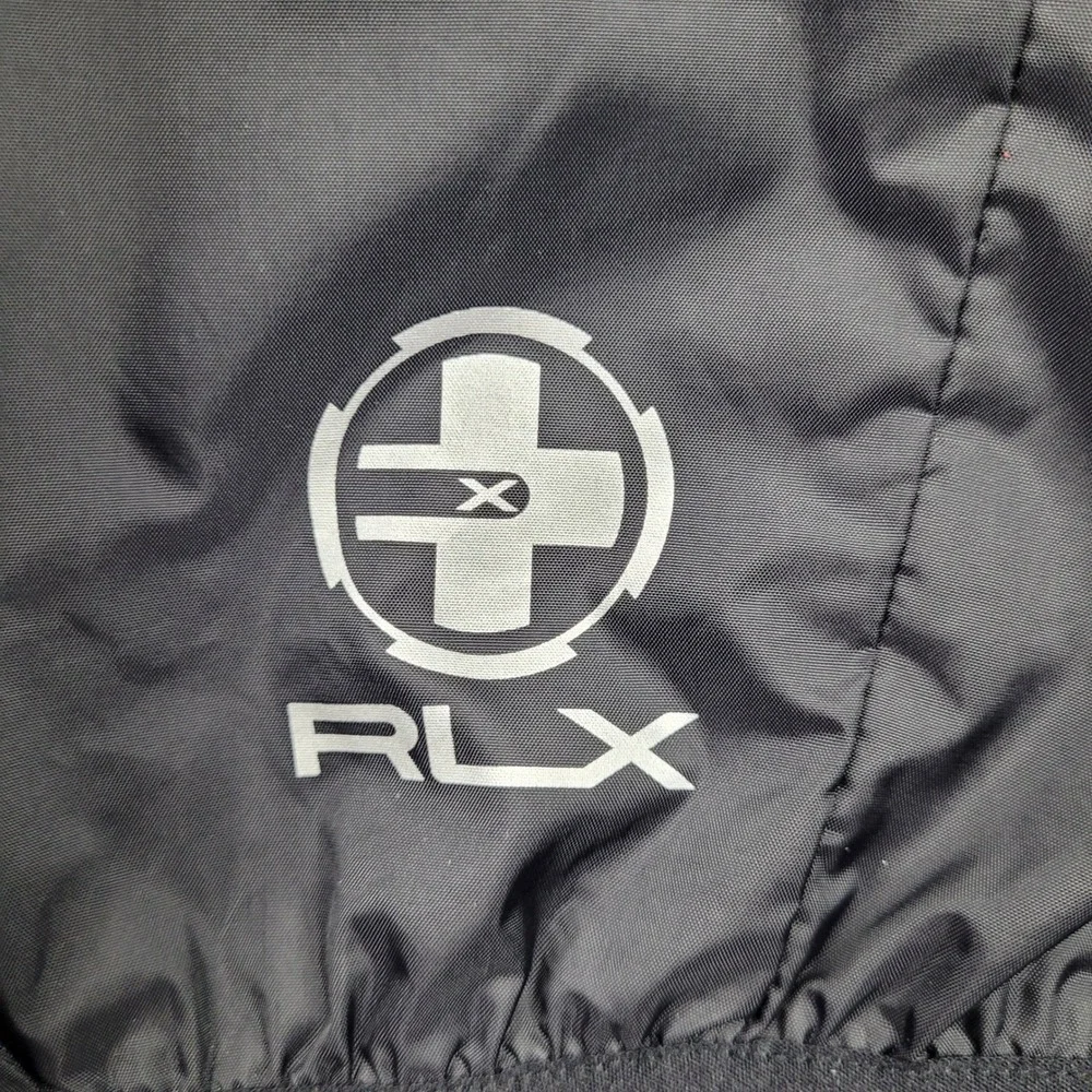 RLX Ralph Lauren Windbreaker Mens Large Black Blue Stripe Hooded Full Zip Jacket